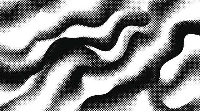 Monochrome halftone dotted illustration, abstract dynamic wave, ribbon pattern. Curved line with halftone effect, flud design. Vector minimalist background. Overlay template. Vector