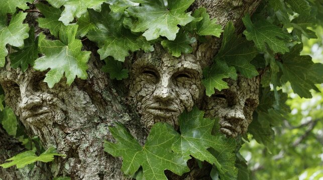 Three stony faces, carved into a tree trunk, peek through green leaves, creating a mystical, forest-like scene
