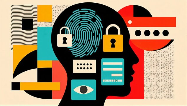 Abstract human profile with fingerprint, padlock, password field and interface icons symbolizing identity protection, privacy, authentication and secure access.