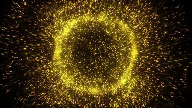 Golden trailing shockwave particle effect. The dissipating wave creates a magical explosion shockwave effect on a transparent background. Glowing shockwave particles. Overlay template.