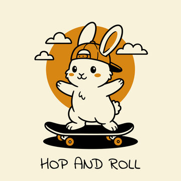 Cartoon rabbit on skateboard wearing hat.