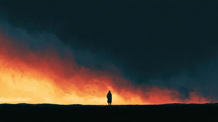 Fototapeta premium Atmospheric Illustration of Holy Spirit Fire with Silhouette Beneath Radiant Cloud, Uplifting Christian Background