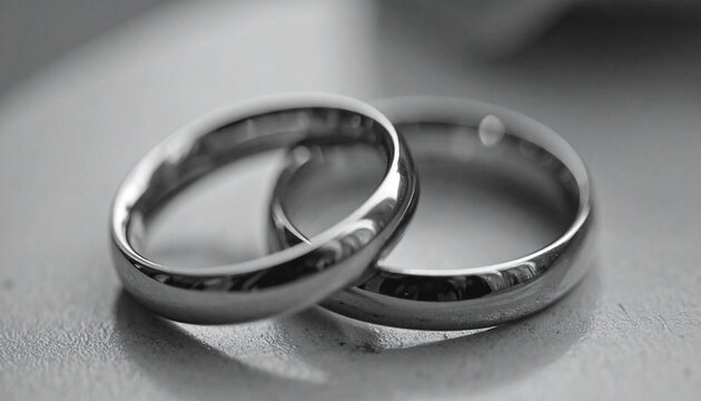 Two silver wedding bands entwined together as symbol of lifelong partnership. Close-up.