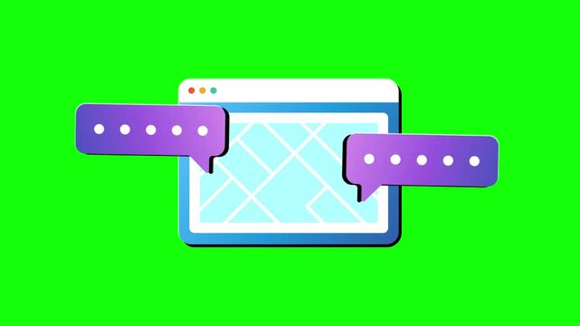 Animated browser window with map screen and speech bubble icons