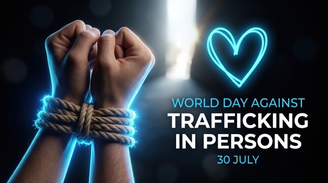 Human hands bound together with thick rope against a dark background with a glowing blue neon heart shape and text reading day against trafficking in persons 30 july
