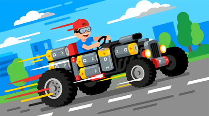 Naklejka premium Flat Cartoon Boy Driving Battery-Powered Hot Rod Car on Road, Speed Lines and Green Trees Background, Blue Sky with Clouds, Energetic Childhood Fun