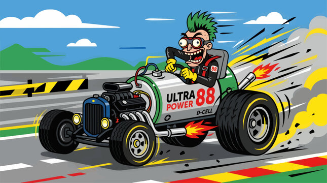 Crazy Punk Racer in a Flat Vector Hot Rod Car with "ULTRA POWER D-CELL" Battery Design, Speeding with Exhaust Flames and Smoke on a Race Track, Dynamic Action Illustration