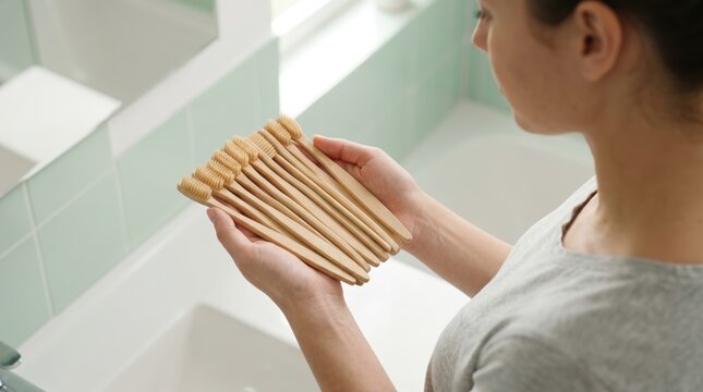 Woman holding bamboo toothbrushes near bathtub
