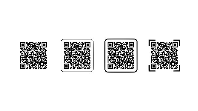Qr Code Icons Set with Four Different Border Styles in a Row, Black and White Vector Design on White Background
