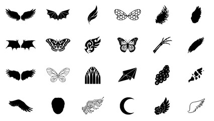 Fototapeta premium Wing Icons Set with 24 Distinct Black and White Bird and Feather Designs for Vector Graphics and Patterns