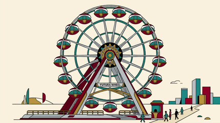 Retro Futuristic Ferris Wheel with Gondolas and Cityscape in Flat Design Style, Vintage Amusement Park Scene, Teal, Burgundy, Gold Colors © Faisal