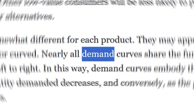 Looping footage of the word "Demand" with Match Cut and radial blur effects.. Close up view of economic textbook text highlighting the concept of market demand curves for academic study