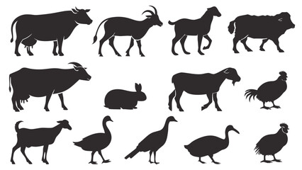 Collection of 14 Realistic Black Silhouette Farm Animals Vector Illustration © It's_Shamim26