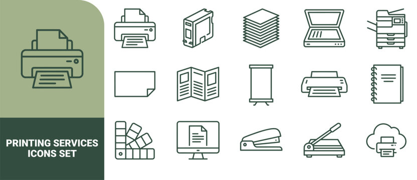 Set of 15 outline printing services symbols featuring printers, paper stacks, scanners, stapler, paper cutter, and color swatches