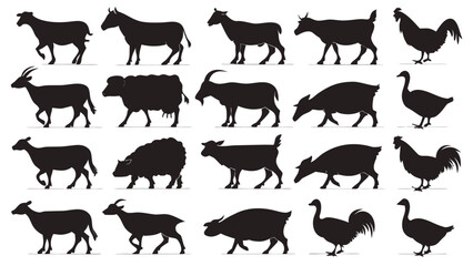 Obraz premium Silhouette Collection of Farm Animals and Poultry in Minimalist Black Style