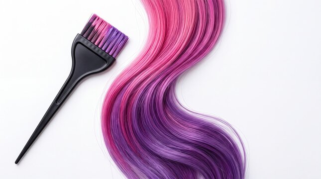 Hair Dye Brush with Vibrant Pink and Purple Color Streaks on White Background