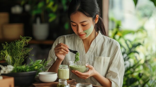 Young woman applies a natural green herbal face mask while sitting in a tranquil garden setting.
