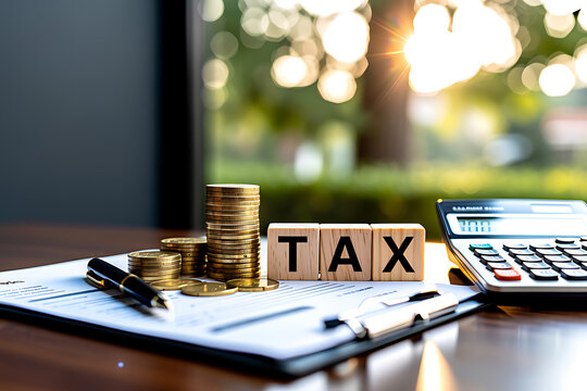 Tax planning and financial management concept with coins calculator and stationery on a desk