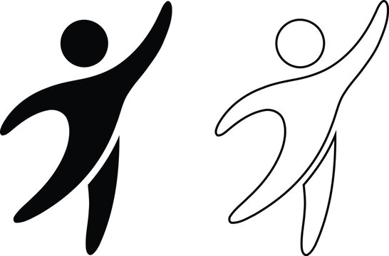 Dancing figure icon set in silhouette and outline style, showing a person with raised arms in a graceful gymnastic or ballet pose, ideal for sports, fitness and dance branding designs