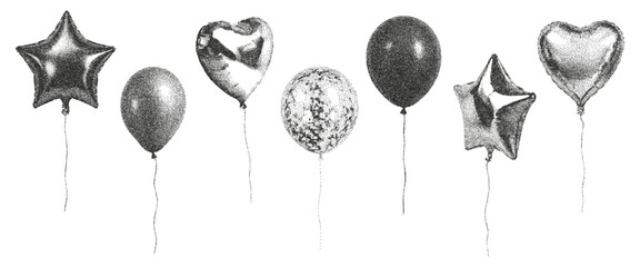 Photocopy effect balloon collage elements set. Grunge punk dotted birthday party stickers with vintage dot texture star and heart shapes. Vector. © Olgadesigner