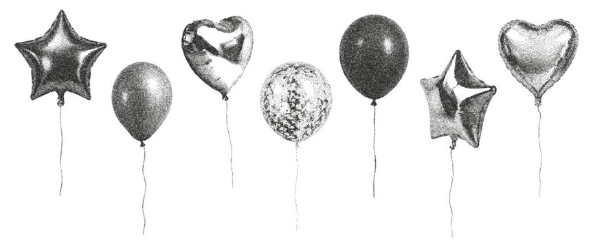 Photocopy effect balloon collage elements set. Grunge punk dotted birthday party stickers with vintage dot texture star and heart shapes. Vector.