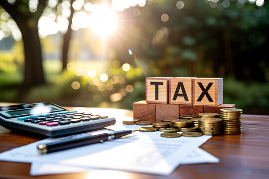 Tax season financial planning calculator coins and documents on wooden desk