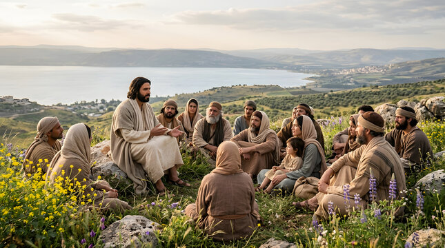 Jesus christ preaching to a group of followers on a hillside by the sea of galilee