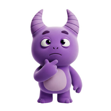 Cute purple monster character thinking with white background, thinking