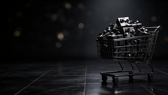 Black Friday shopping cart overflowing with black gift boxes and ribbons