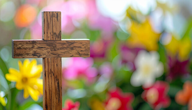 Wooden cross with blurred colorful spring flowers on background, Easter and religious concept, peaceful spiritual atmosphere. Close-up.