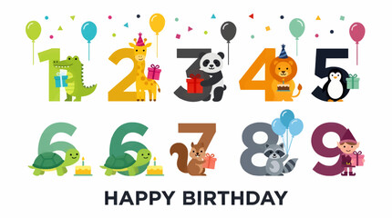 Fototapeta premium Flat Design Numbers 1-9 with Cute Animals and Gifts for Birthday Celebration, Happy Birthday Text, Festive Balloons and Confetti