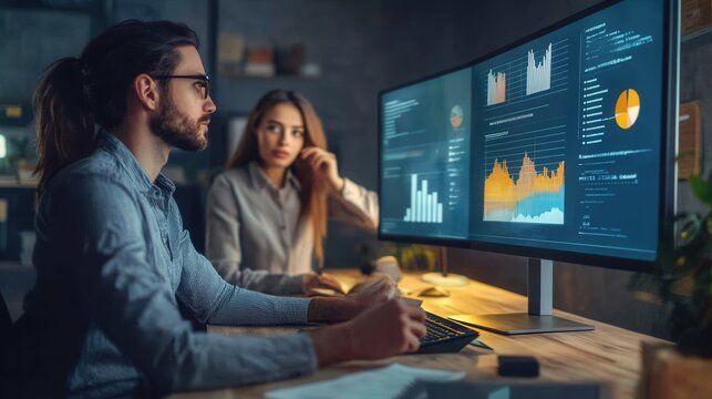 Professional team analyzes complex financial data on a large monitor in a dark office.