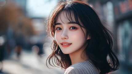 Obraz premium A captivating portrait of a young asian woman with soft features and gentle eyes, bathed in warm sunlight, showcasing natural beauty