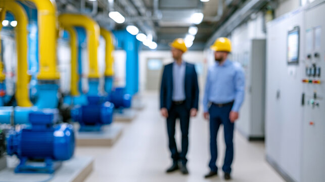 Completely Blurred Sewage Pumping Station with Technicians Monitoring Pipelines