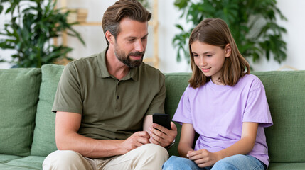 Fototapeta premium Father Giving Smartphone to Daughter for Supervised Screen Time