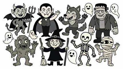 Obraz premium Playful Cartoon Halloween Characters Collection: Vampire, Werewolf, Zombie, Witch, Skeleton, Mummy, Devil, and Ghosts, Flat Design Vector Illustration