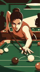 Determined Young Woman Playing Pool in Close Angled Shot, Flat Design Vector Illustration with Intense Focus, Billiards Game with Green Felt Table and Balls, Dimly Lit Interior with Silhouetted © Arvianstudio