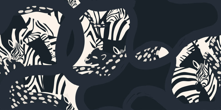 Abstract zebras and leopards pattern. Black and white, hand drawn, unique collage print. 