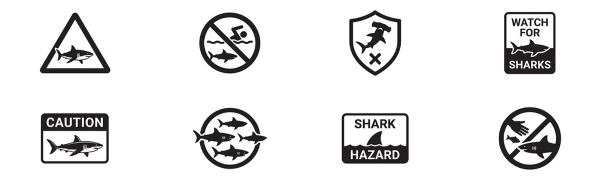 Shark warning signs icon set. Caution shark hazard, watch for sharks, swimming prohibited, dangerous marine predators and hammerhead shark shield. Vector illustration.