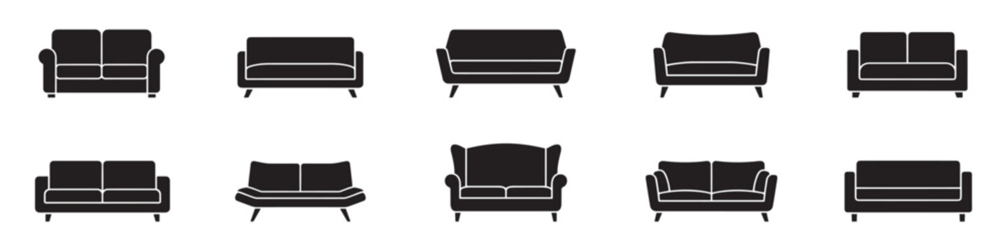 Sofa and couch icon set. Modern and classic living room furniture, comfortable upholstered double seats and armchairs. Vector illustration.