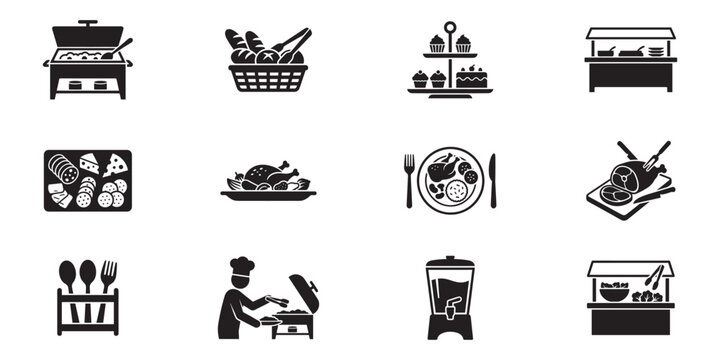 Buffet and catering service icon set. Chafing dish, bread basket, cupcake tier stand, self service station, meat platter, roasted chicken, steak cutting, chef serving food. Vector illustration.