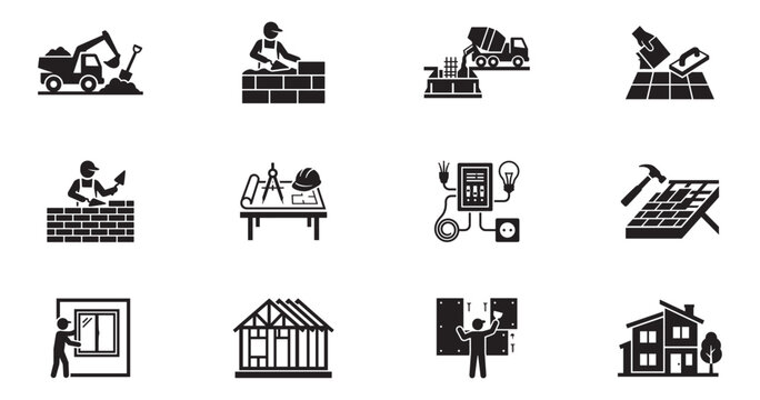 Construction and house building icon set. Excavator truck, bricklayer worker, concrete mixer, tile laying, blueprint table, electricity socket, roof tiling, window installation. Vector illustration.