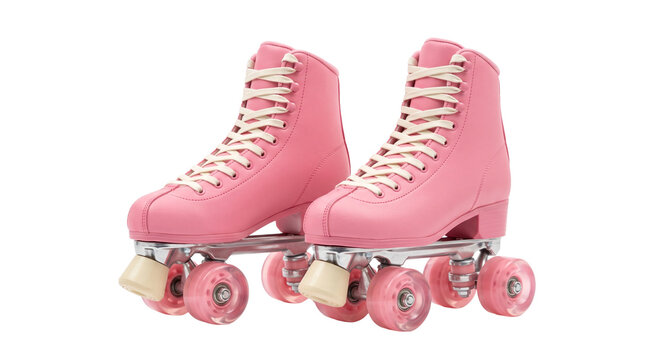 Pair of pink retro roller skates with cream laces and clear pink wheels PNG Isolated on transparent background