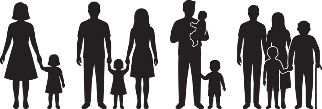 Family Silhouette Icon Set with Parent and Child Variations Including Single Mother Father Grandfather Generations and Diverse Household Dynamics