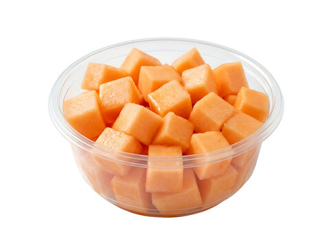 Fresh Cantaloupe Cubes Served in a Clear Plastic Bowl Isolated on a transparent background Studio Shot