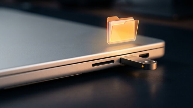 Digital folder icon hovers above laptop with USB flash drive inserted symbolizing digital literacy and data storage concept