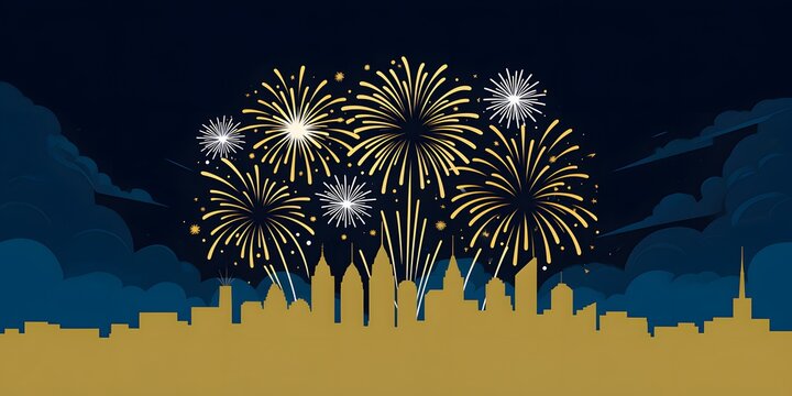 Stylized Gold and White Fireworks Exploding Above Silhouetted Cityscape at Night