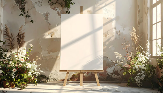 Empty Blank Canvas on Easel in Sunlit Indoor Space Surrounded by Green Plants and Flowers
