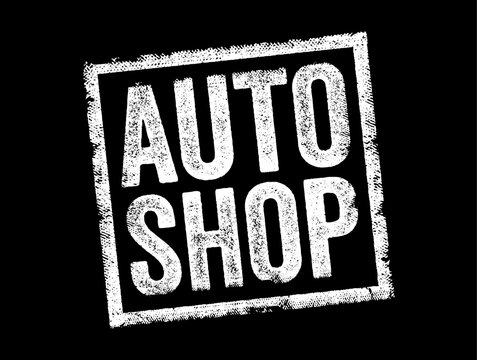 AUTO SHOP text stamped inside a tilted square with a textured, distressed look. This minimalist graphic emphasizes car repairs, automotive maintenance, garage service, and professional mechanics.