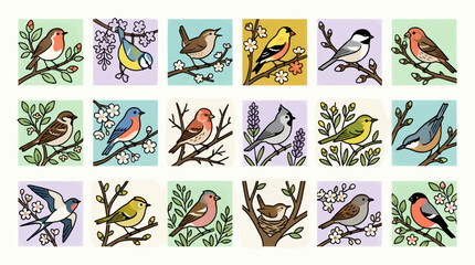 Flat Vector Icon Sheet of 18 Diverse Bird Illustrations on Branches with Flowers and Leaves, Pastel Backgrounds, Graphic Resource Set © Luffi